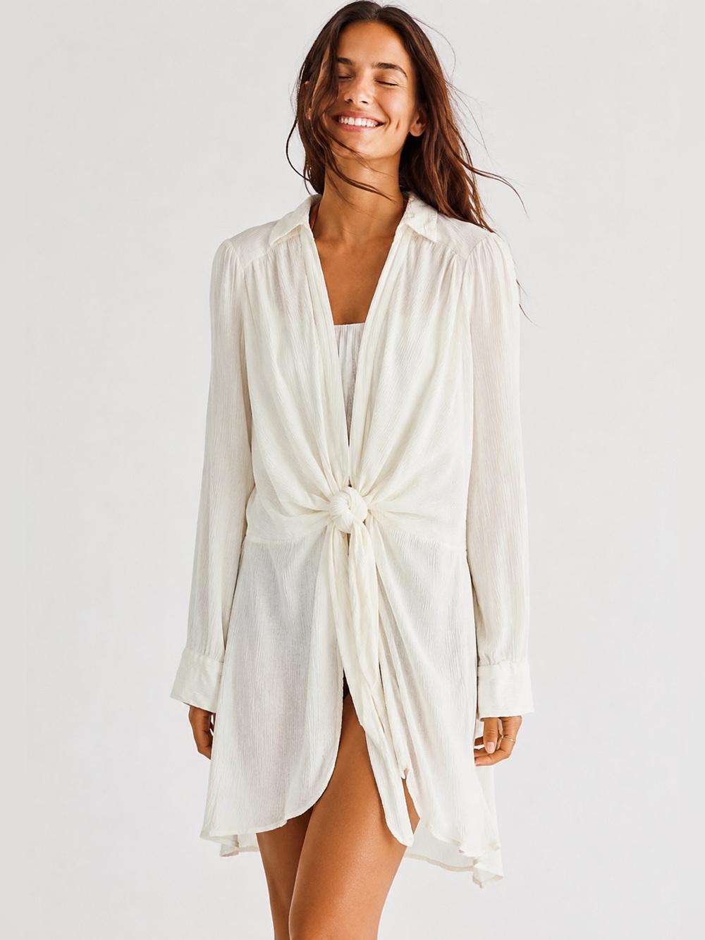Free People Worlds Apart Cream Tie-Front Long Sleeve Tunic Cover Up, Duster, XL